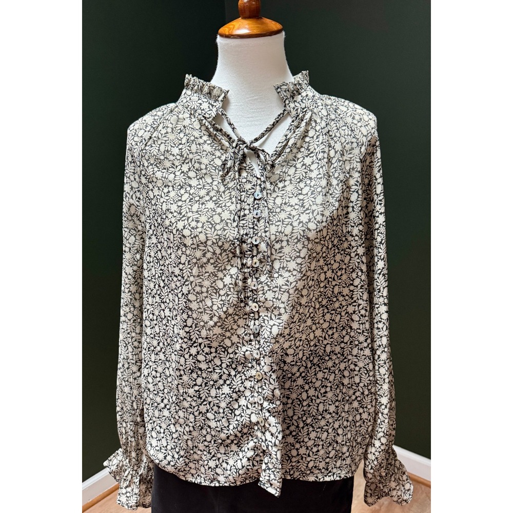 Dress Forum Los Angeles Floral Ruffle Neck Tie Long Sleeve Blouse Women's Size M